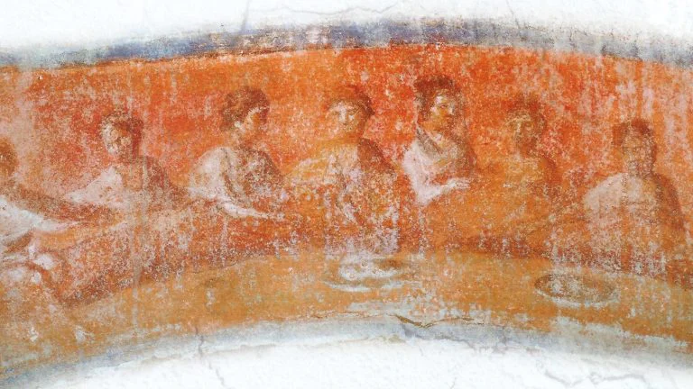 פרסקו הסעודה (Fractio Panis) בקפלה היוונית בקטקומבות של פריסיליה